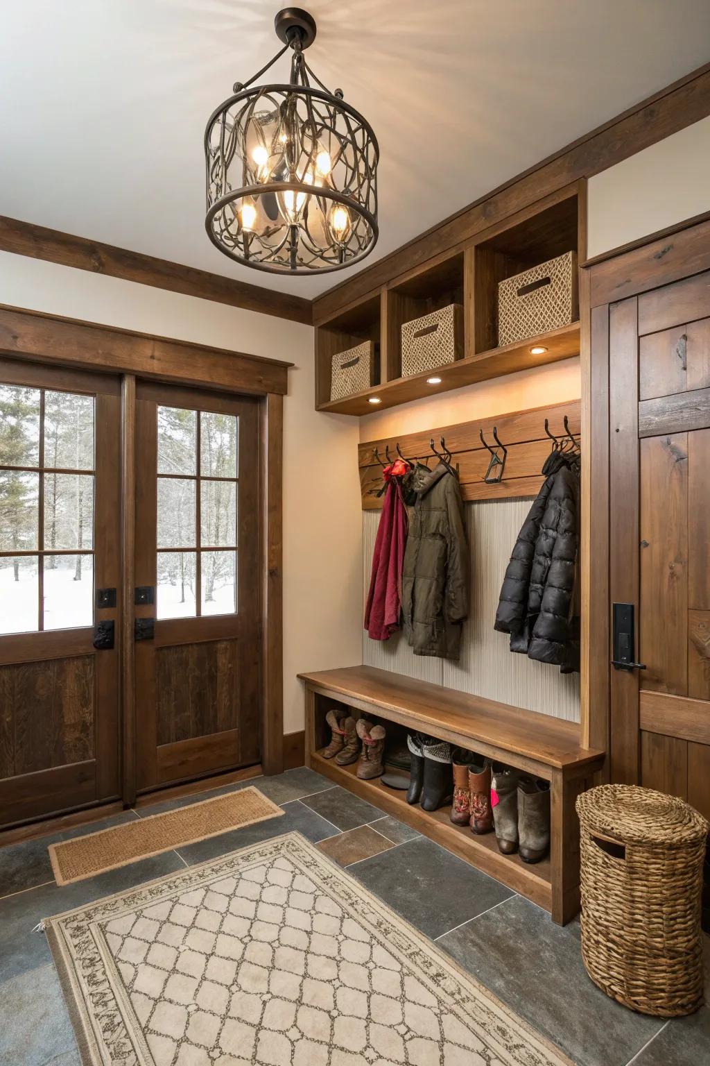 Stylish mudroom with a bold statement lighting fixture.