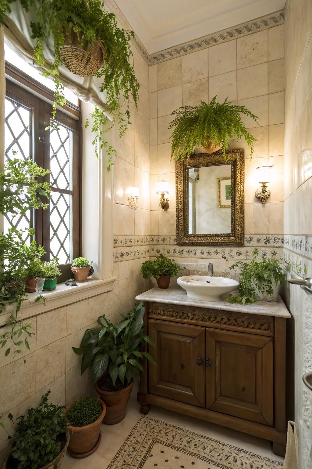 Potted plants and greenery decorations in a powder room.