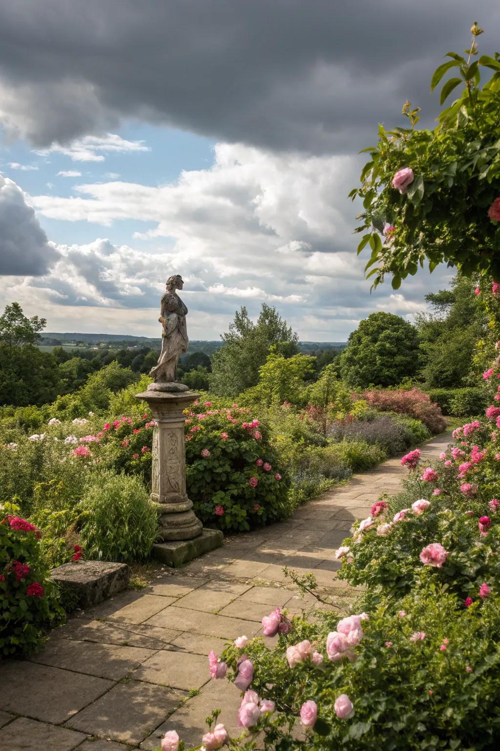 Art pieces introduce individuality and charm to a modern garden.