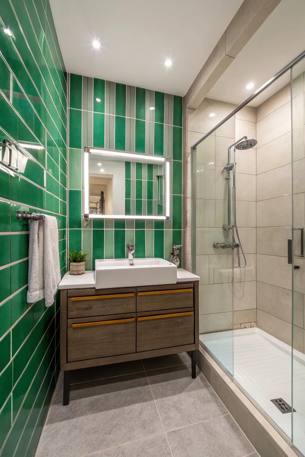 Striking flair using bold green band tiles.