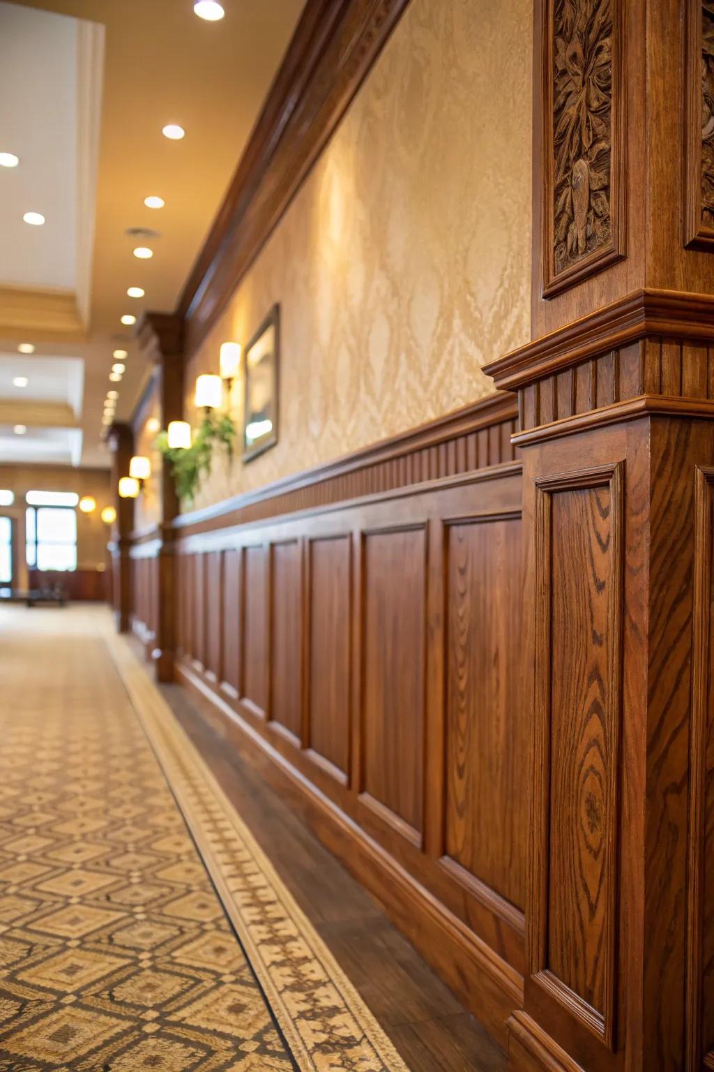 Heated wood tones across a half wall fabricate a welcoming atmosphere.