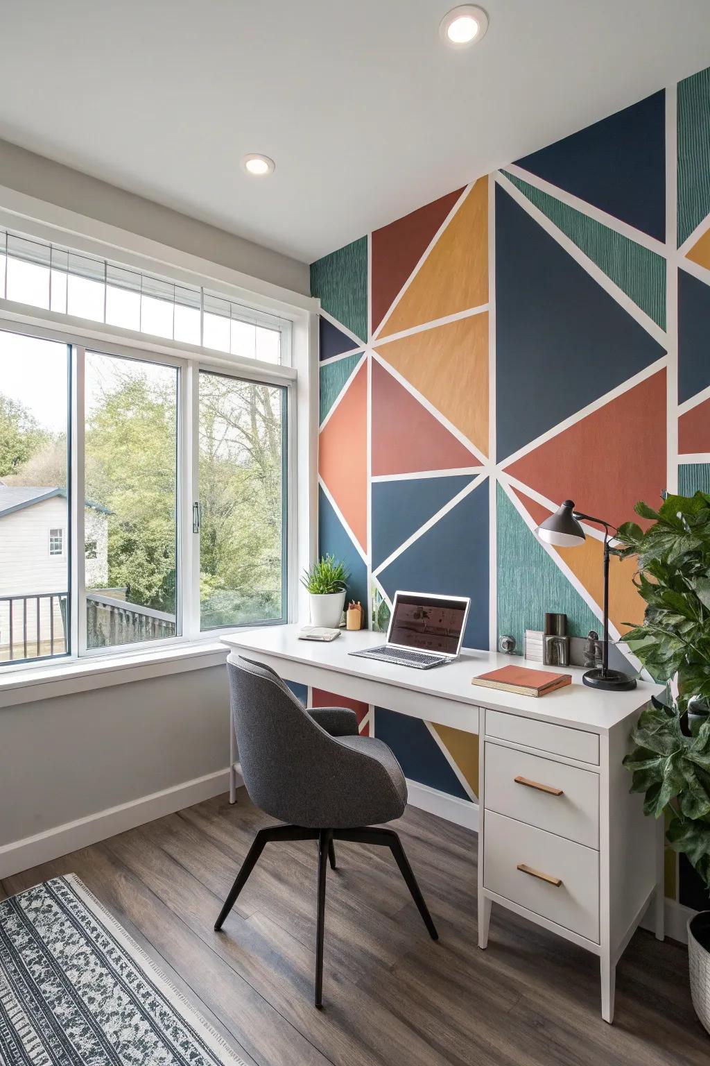 A striking accent wall contributing character to the office.