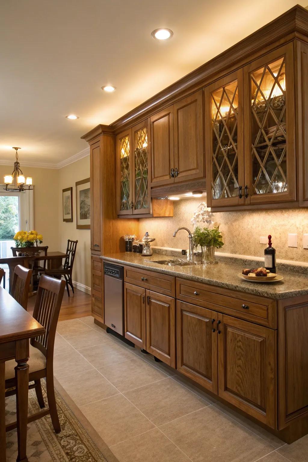 Cabinet base illumination highlights the charm of oak cabinets and adds warmth.