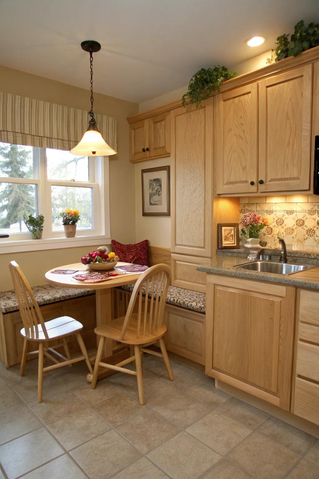 A snug breakfast corner nestled among pale walnut cabinets offers a charming haven.