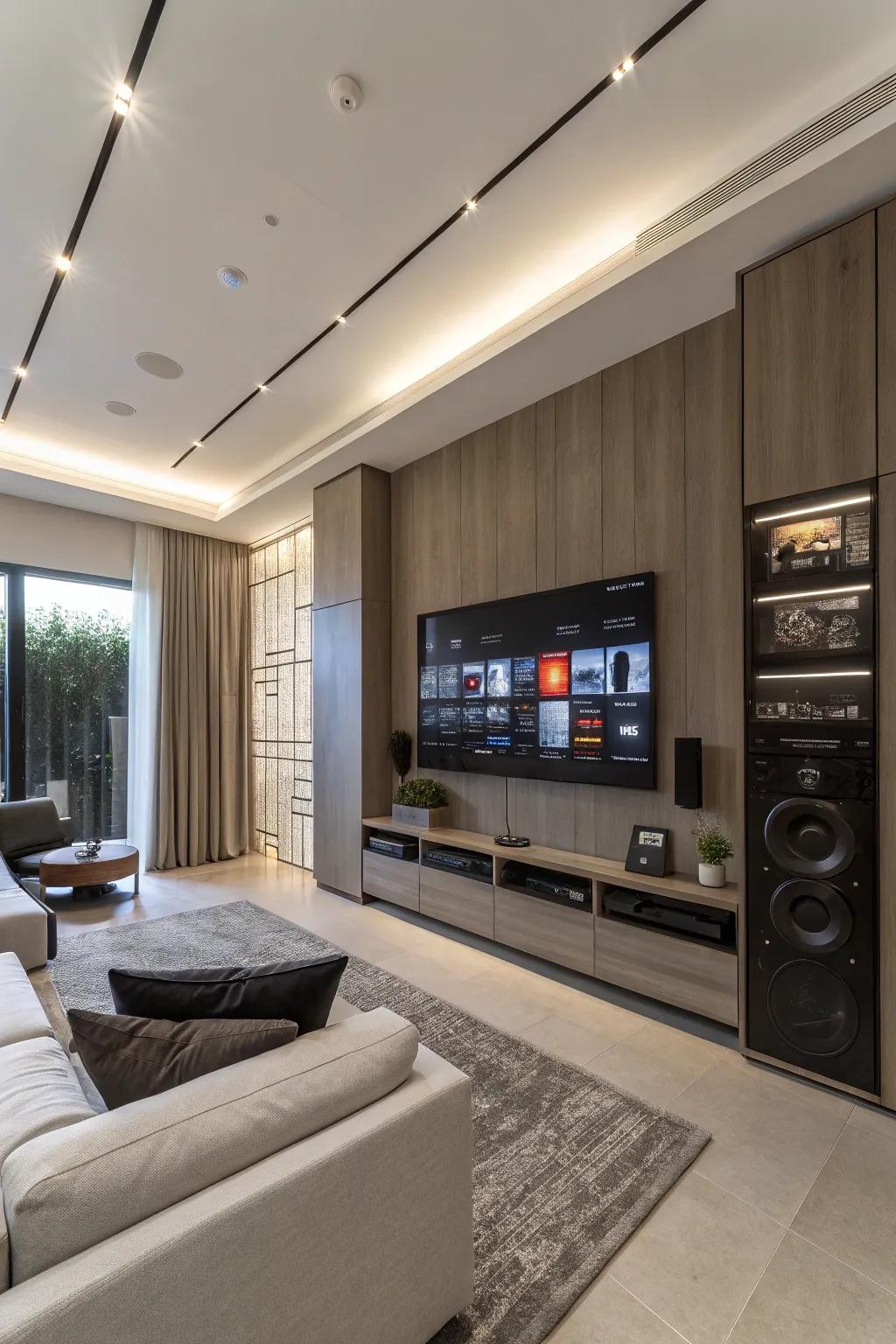 Seamless tech integration keeping a media wall tidy and functional.