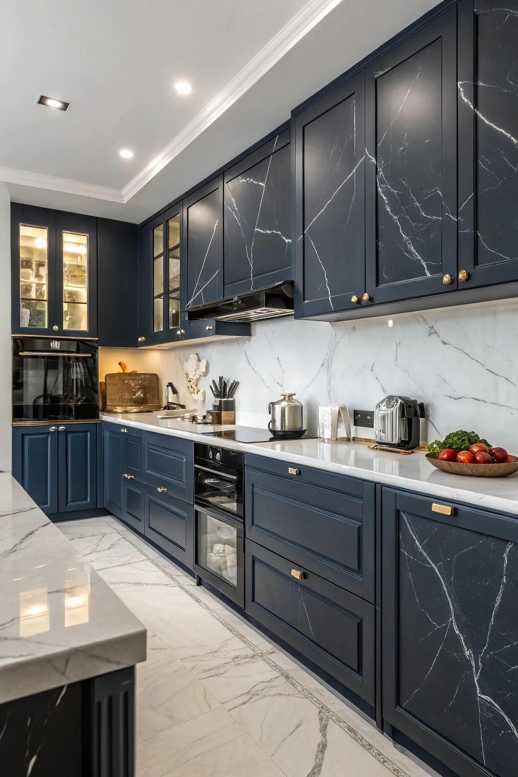 Dark stone countertops introduce a dramatic and luxurious touch to deep sea-inspired kitchens.