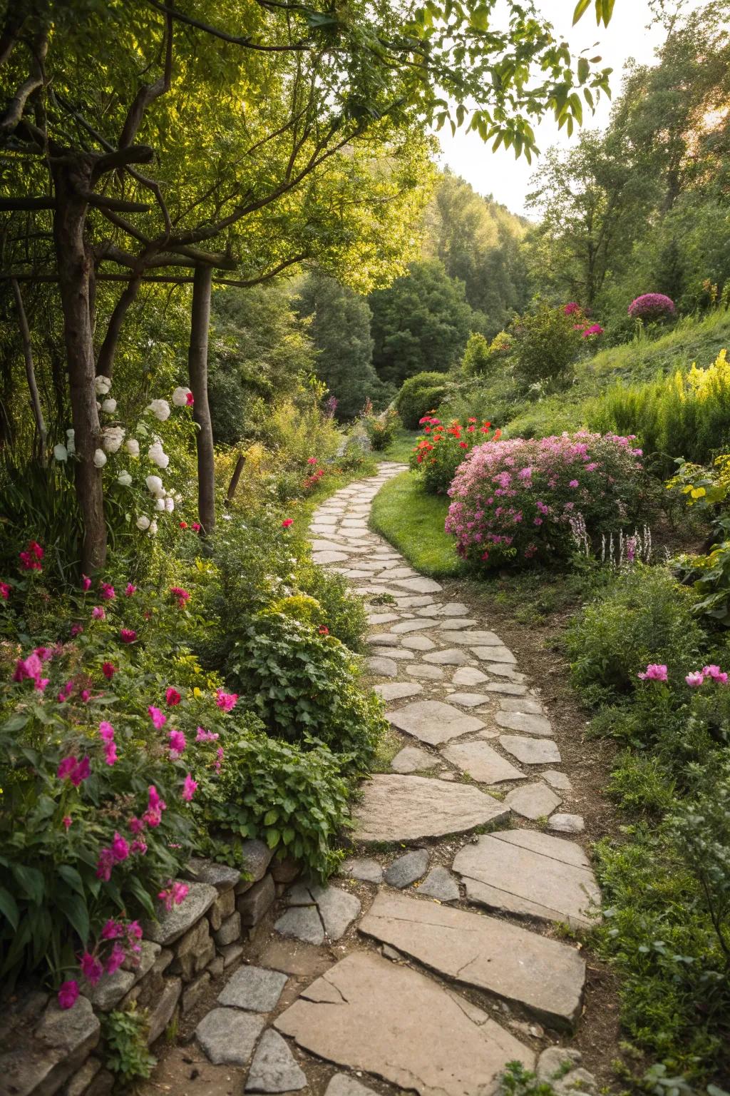 A garden path made from sustainable materials, combining style with eco-consciousness.