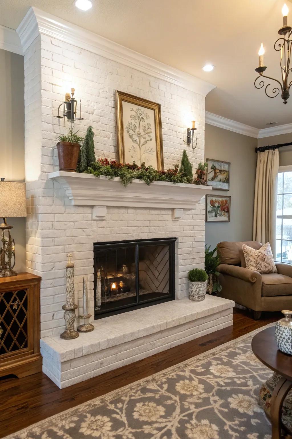 A styled mantel enhancing a painted brick fireplace.