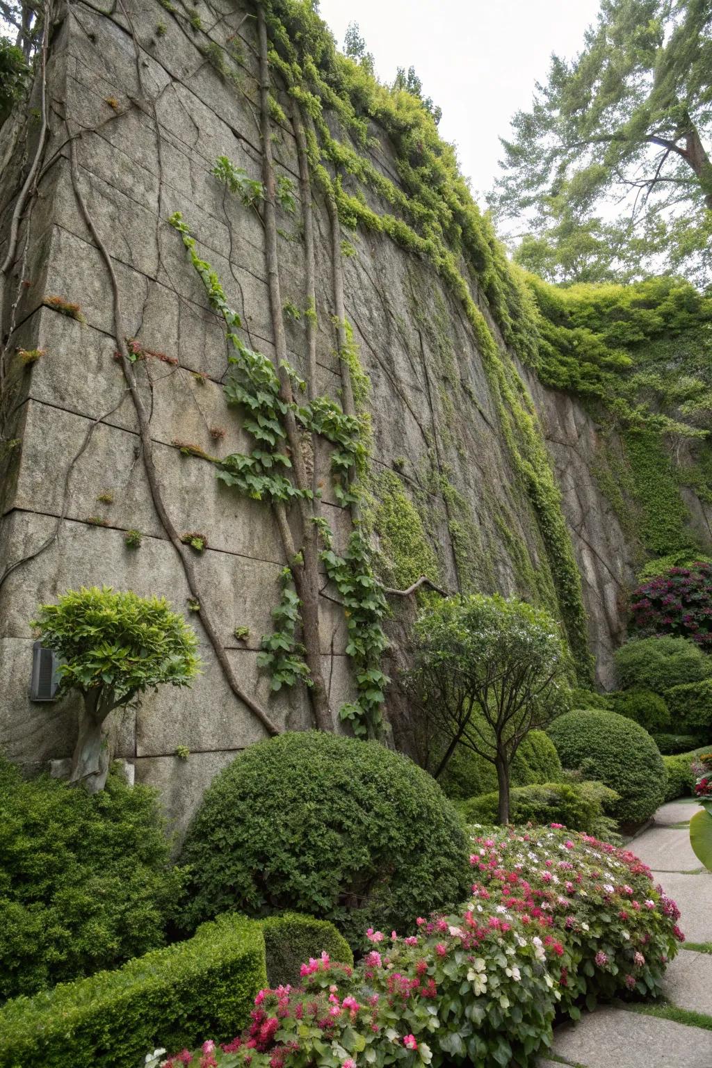 Vertical rock walls add height and support lush greenery.