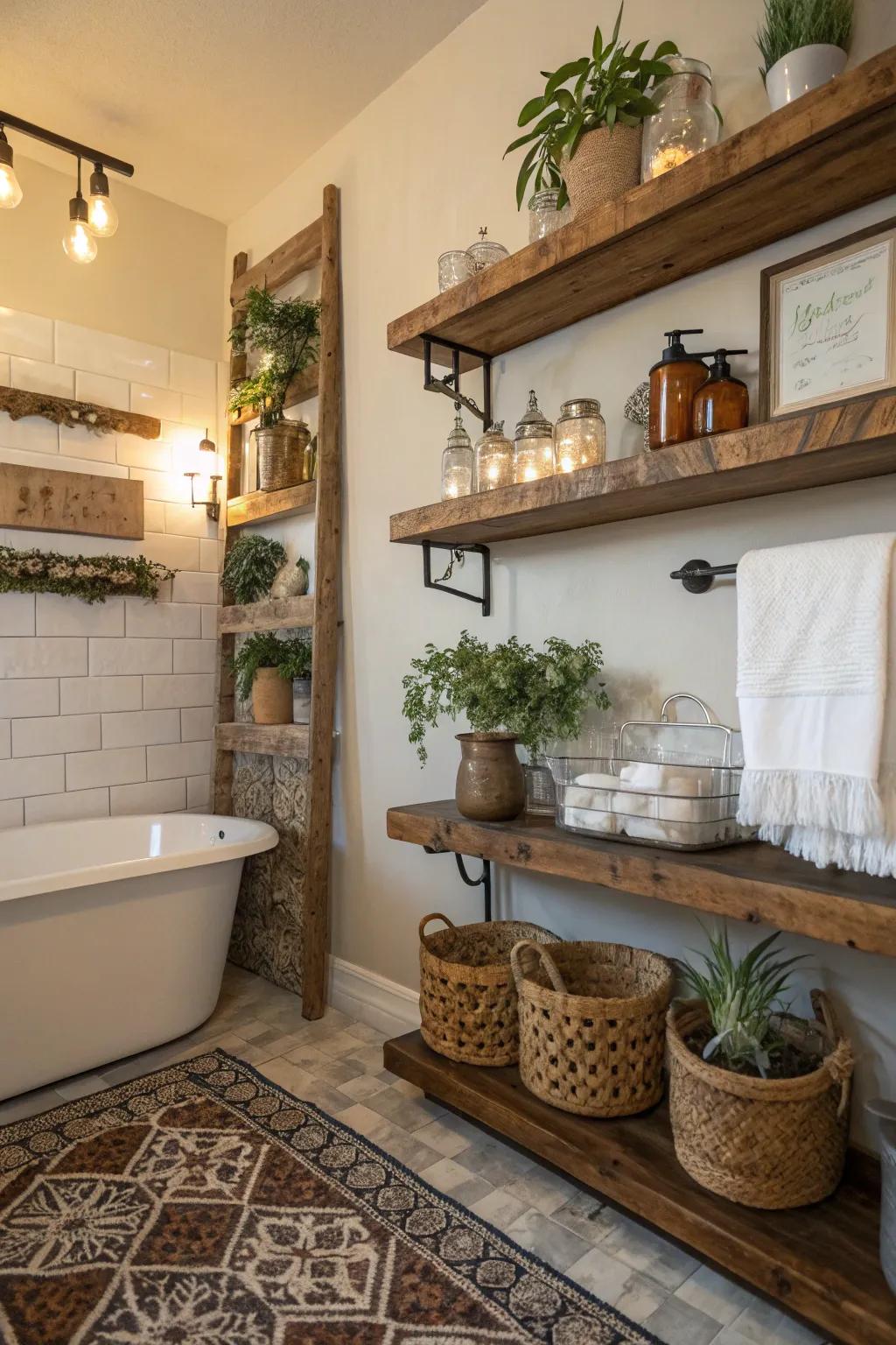 Rustic shelving combining functionality with aesthetic appeal.