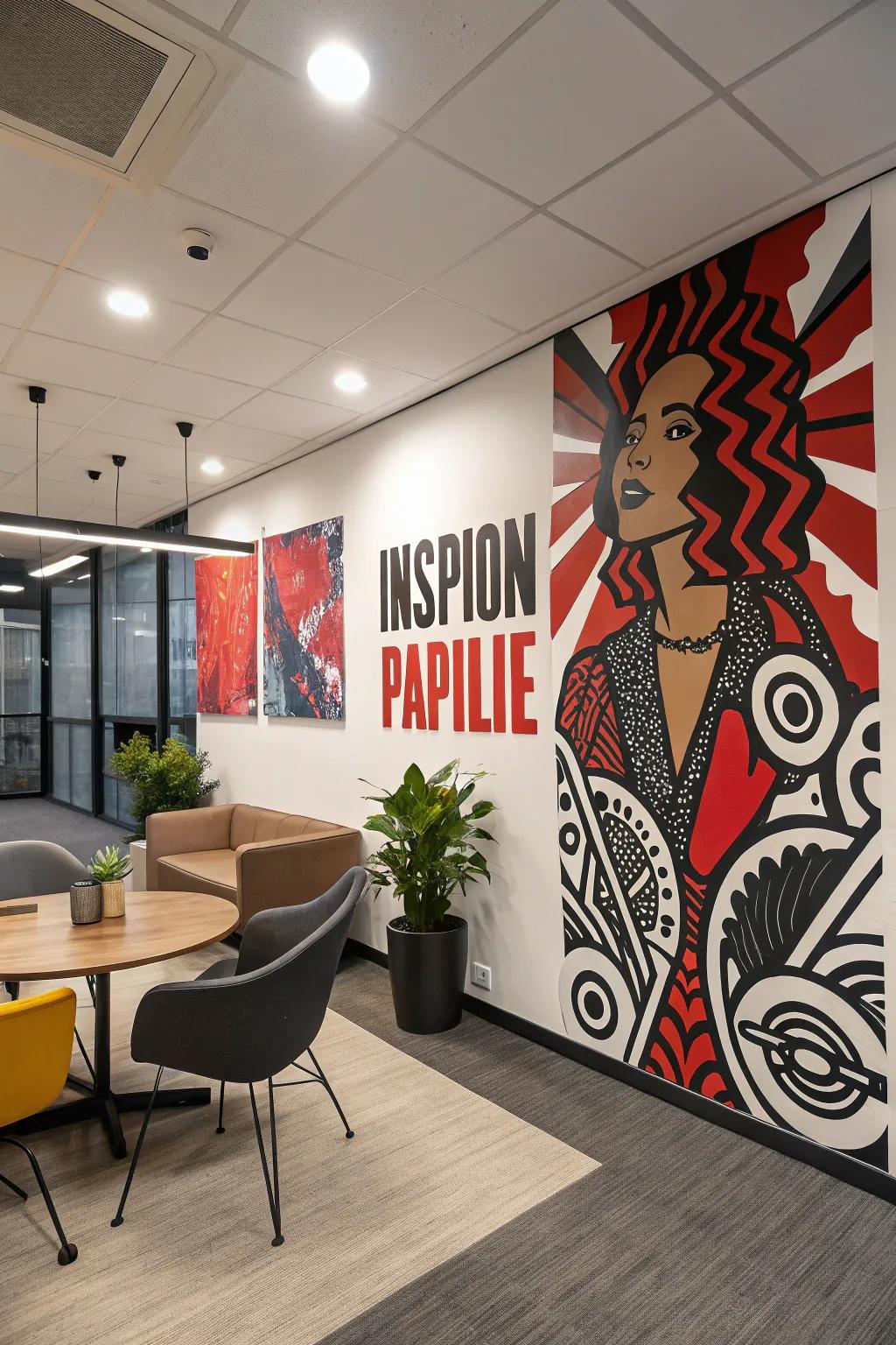 Eye catching wall decor adds personality and inspiration to a rustic office.