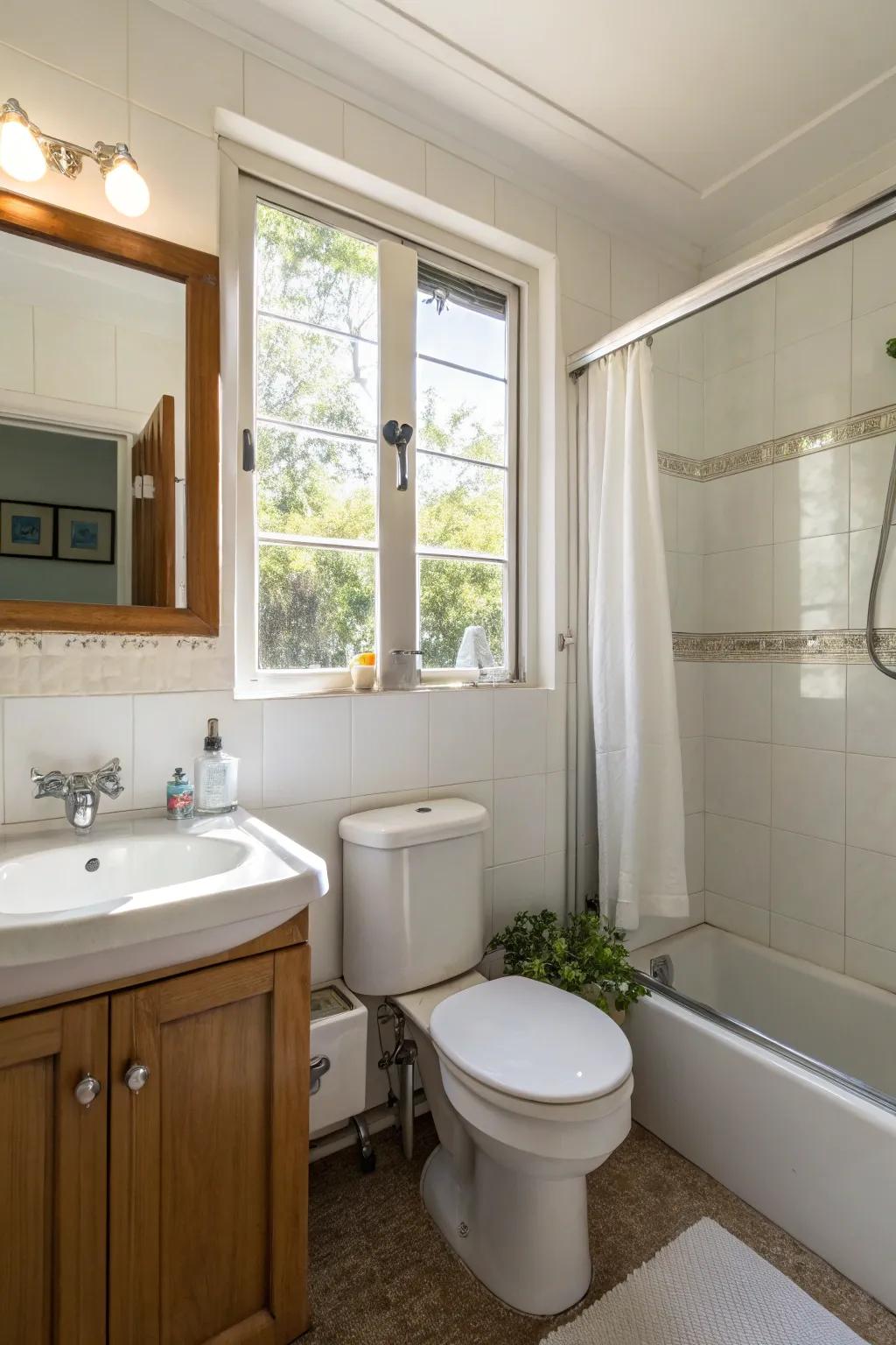 Natural light brightens this small bathroom.