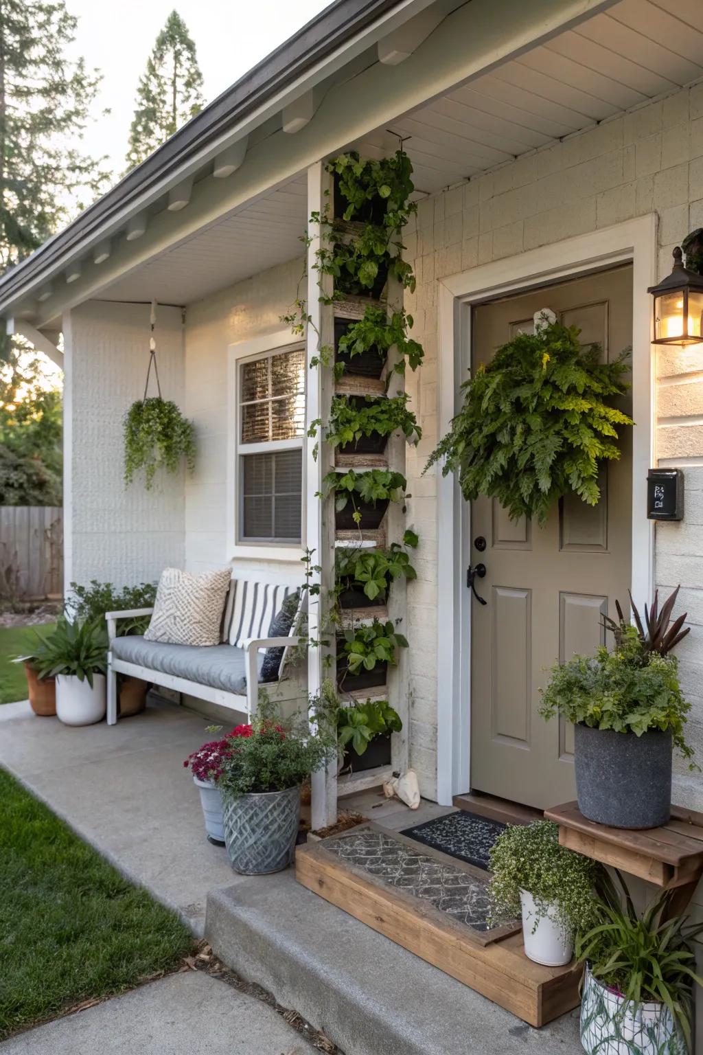 A compact front porch featuring a lush tiered garden for added greenery.