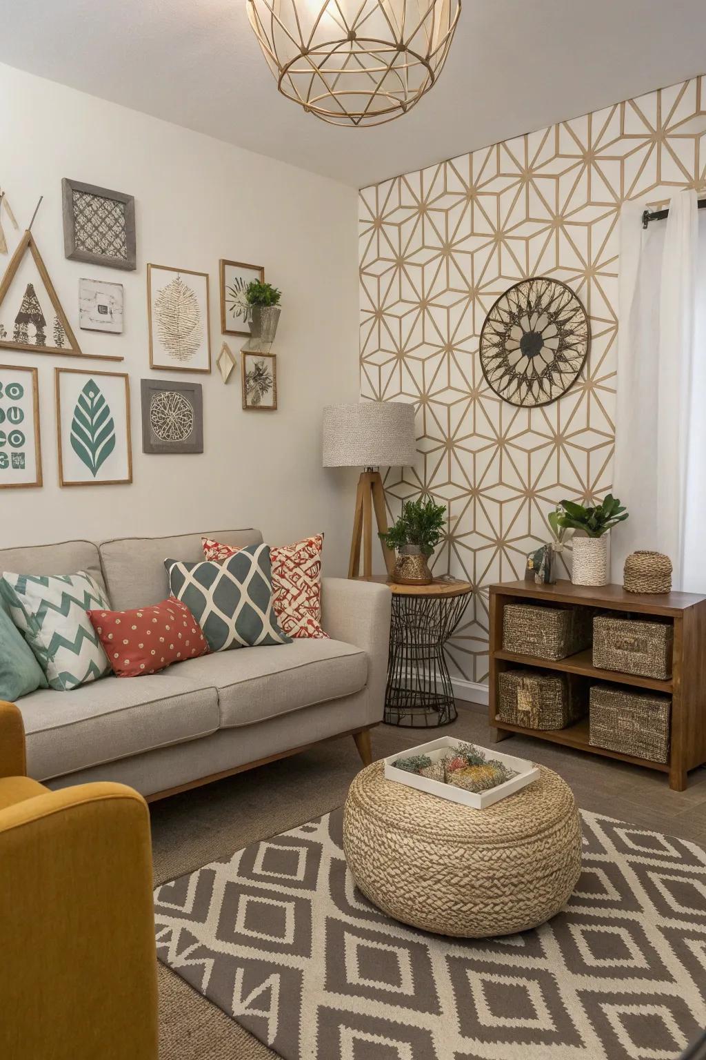 A small living room with geometric decor elements adding a modern edge.