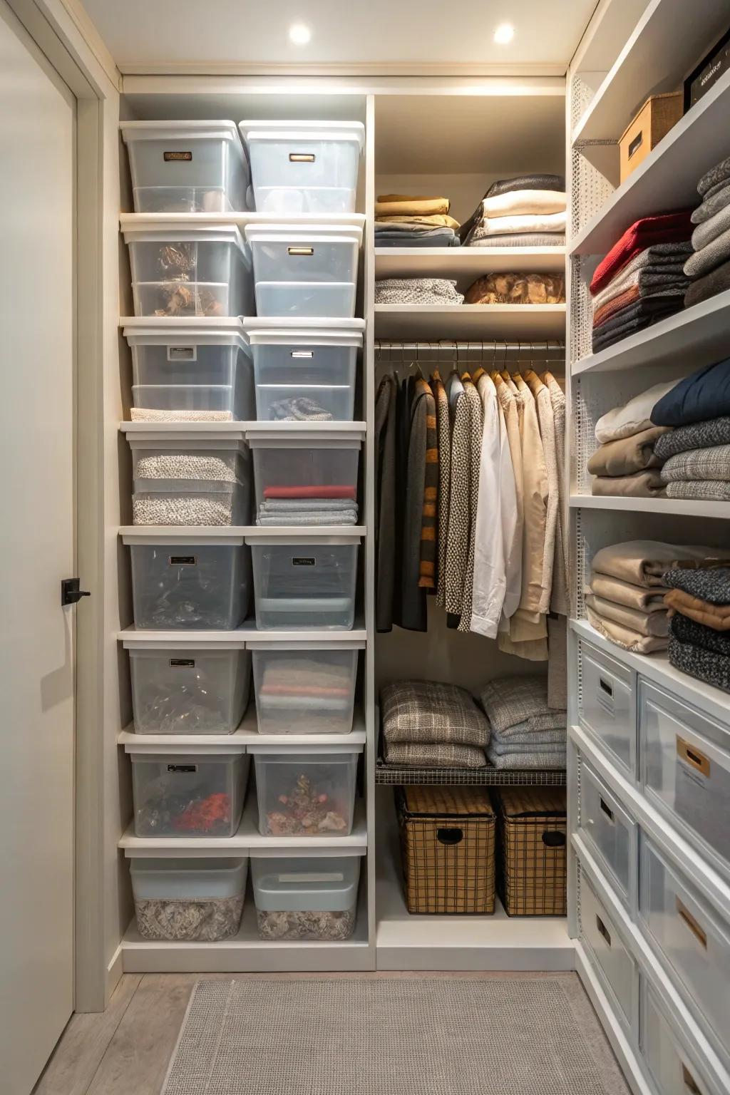 Transparent bins keep items visible and organized.