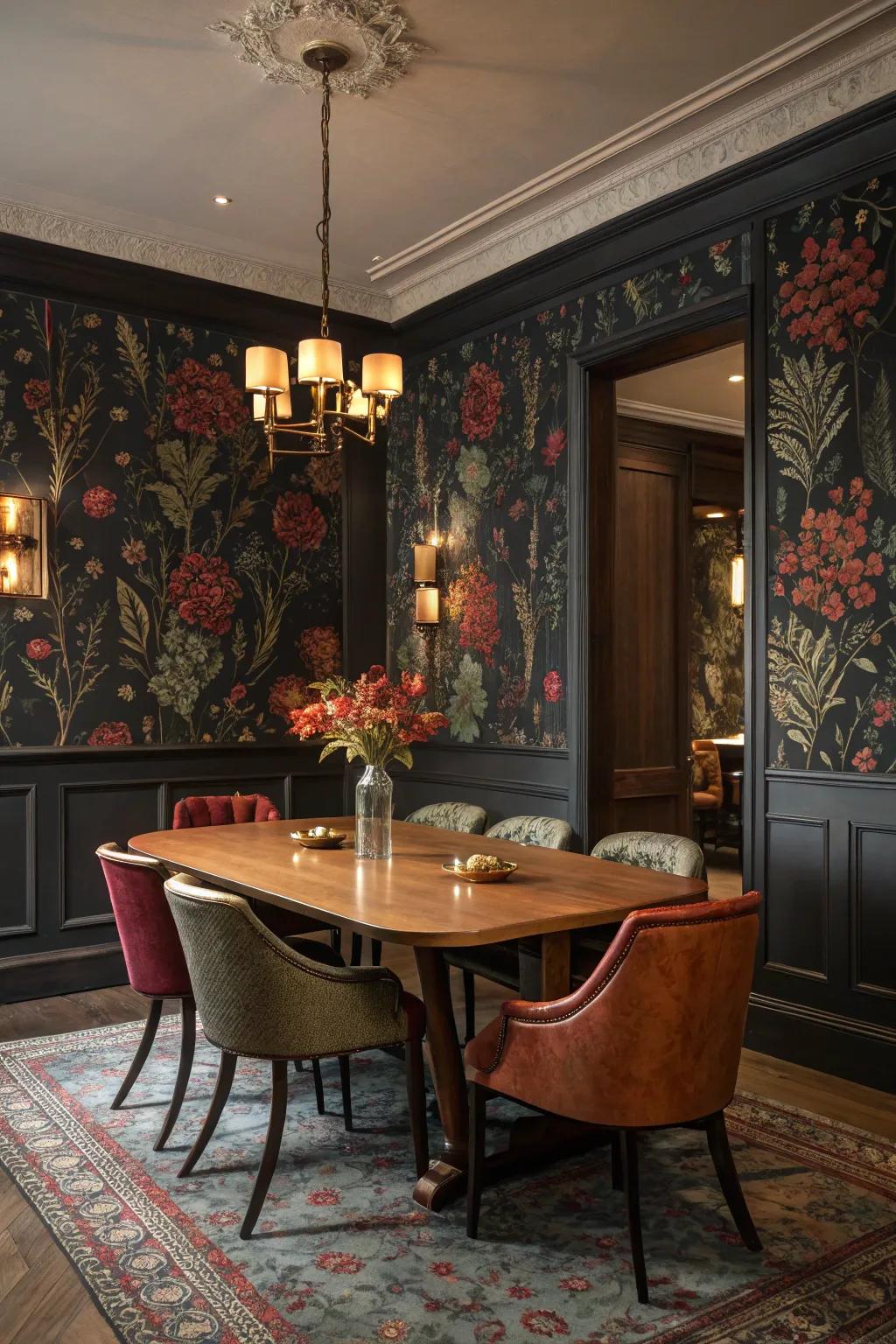 Opulent wall coverings inject drama and a touch of luxury.