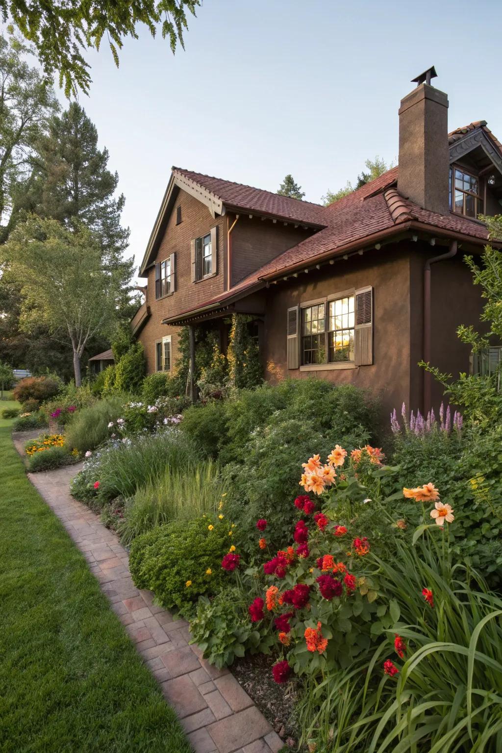 Rich cacao brown stucco home with lush surroundings.