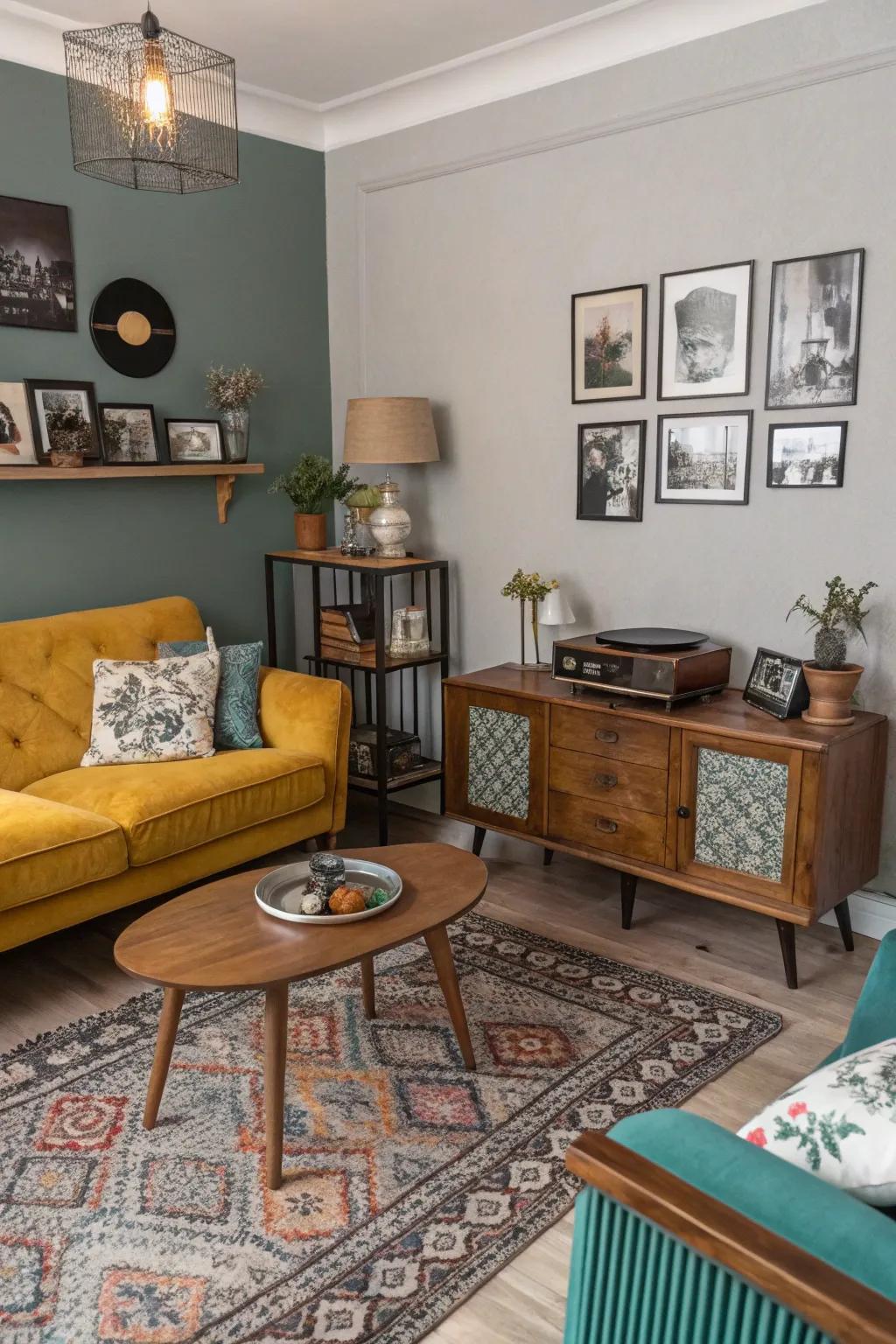 Retro elements complement a modern teal and gray living room.