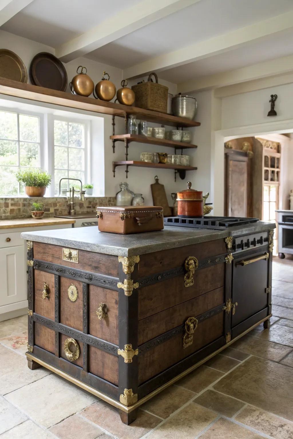 A unique kitchen island becomes a charming focal point.