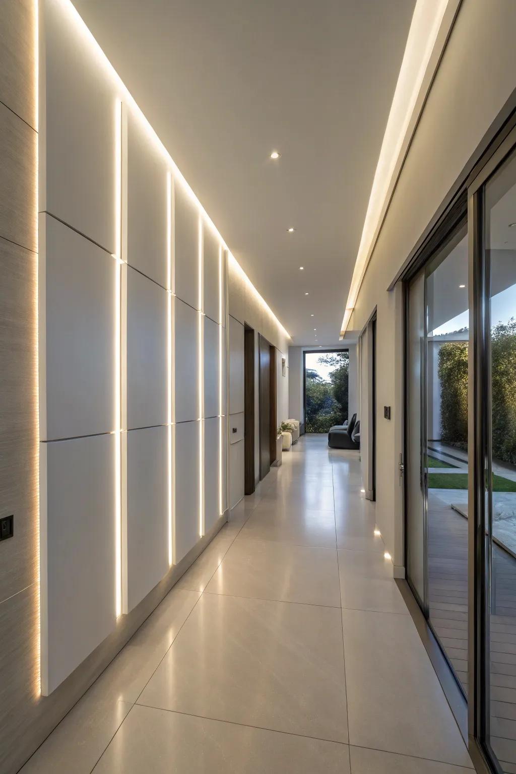 Integrated LED panels adding a futuristic vibe to an entryway.