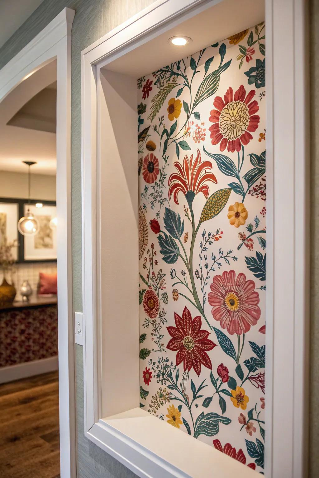A wall niche has bright flower wallpaper for a bit of personality.