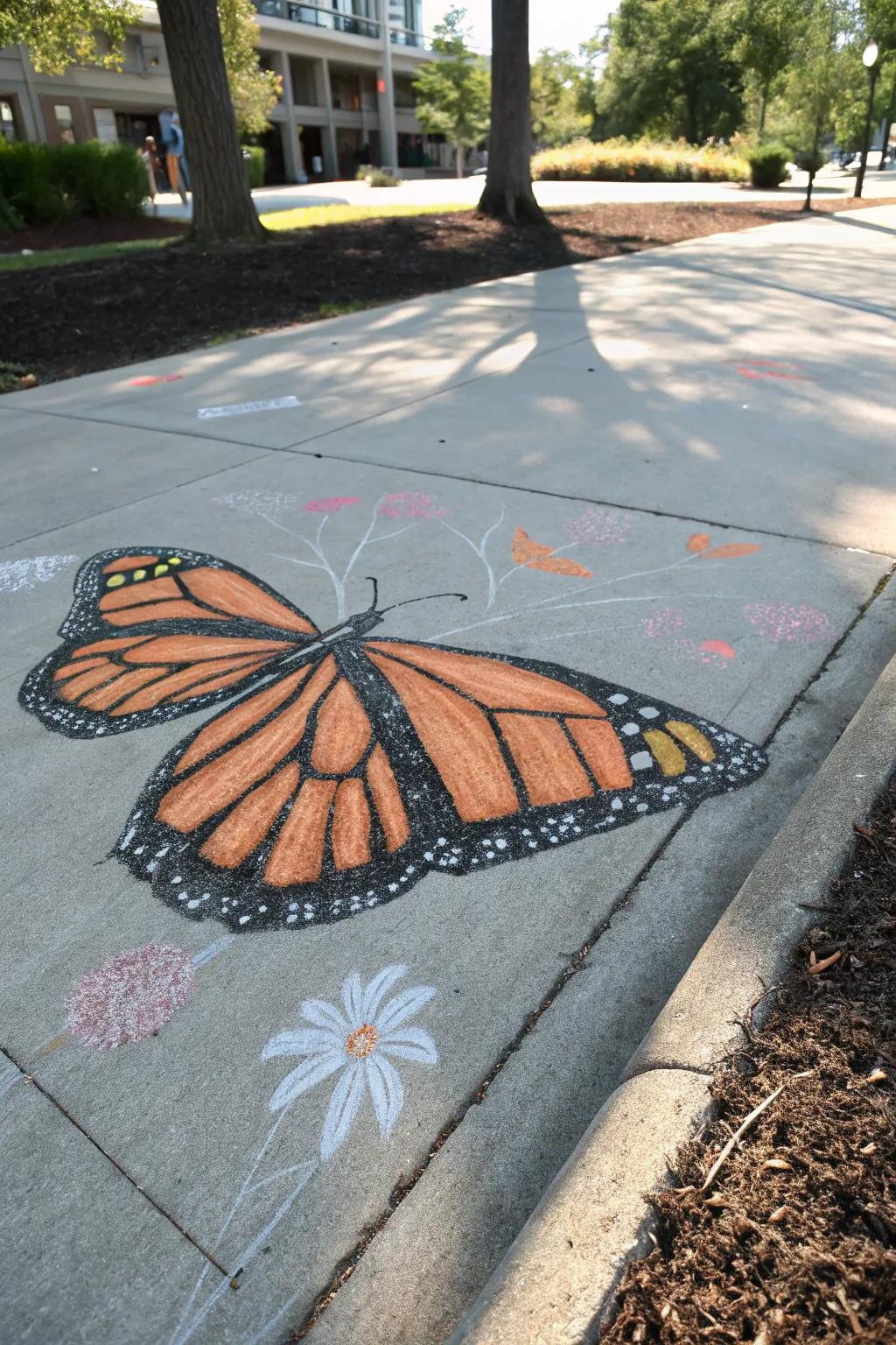 Transform your sidewalk into a canvas of loveliness with stunning monarch butterfly chalk artistry. Embrace simplicity and ingenuity!