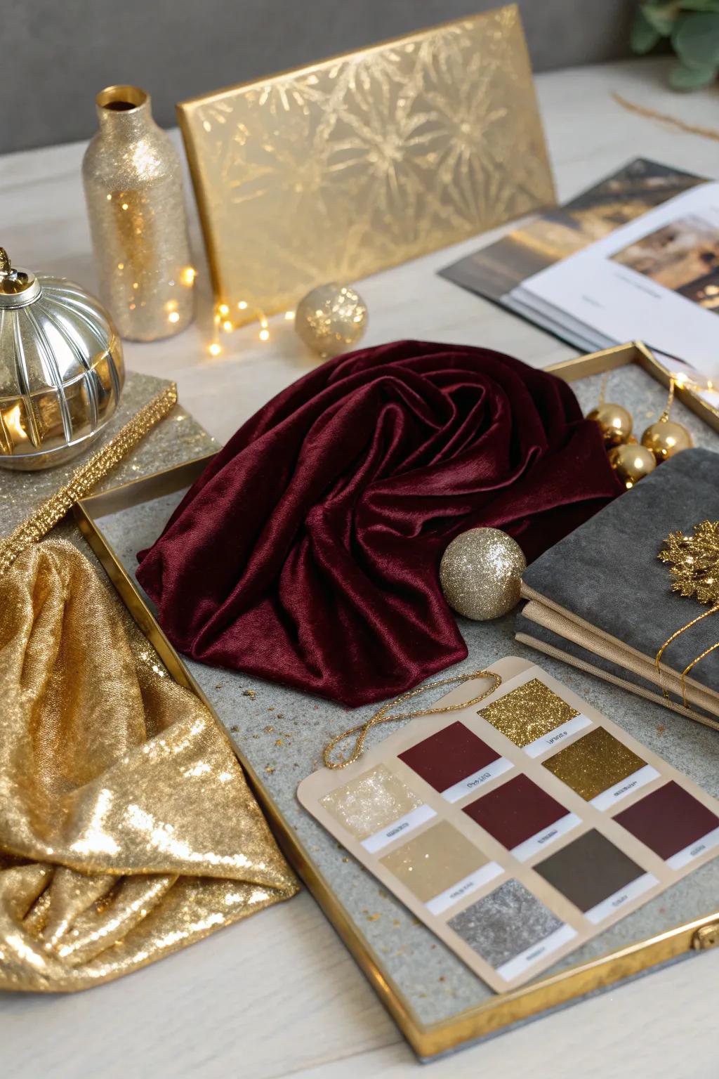 A glamorous mood board featuring sophisticated and luxurious accents.