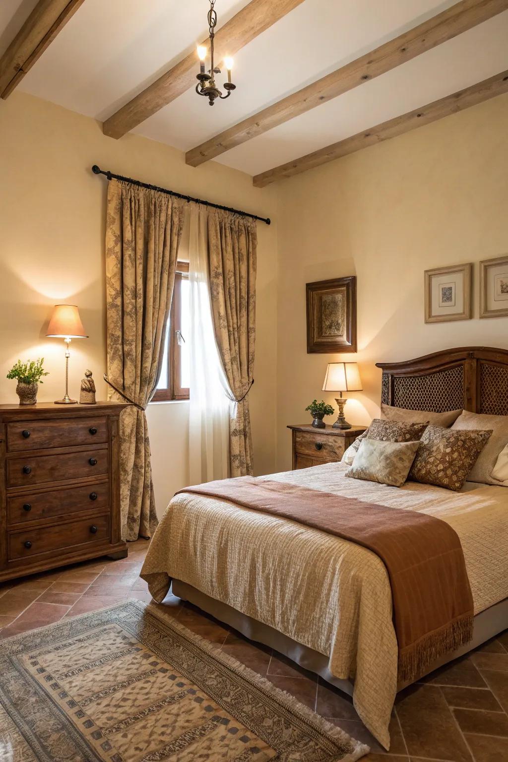 A bedroom featuring earth-toned decor and furnishings.