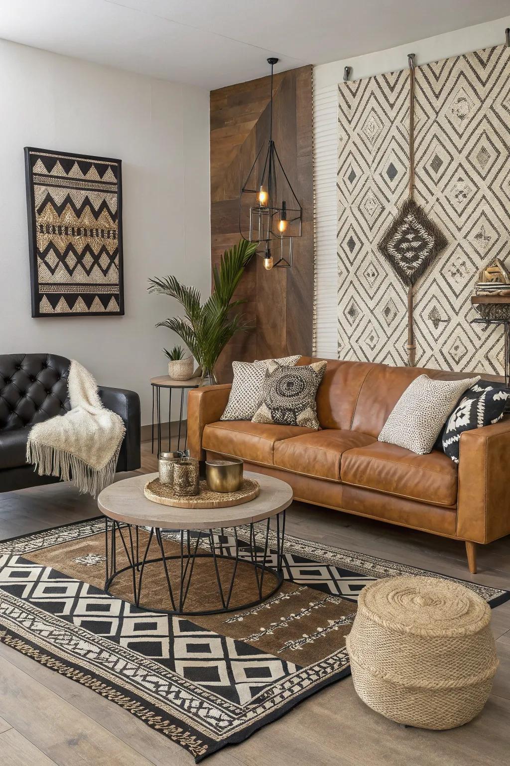 Textures and patterns adding layers to an atmospheric living space.