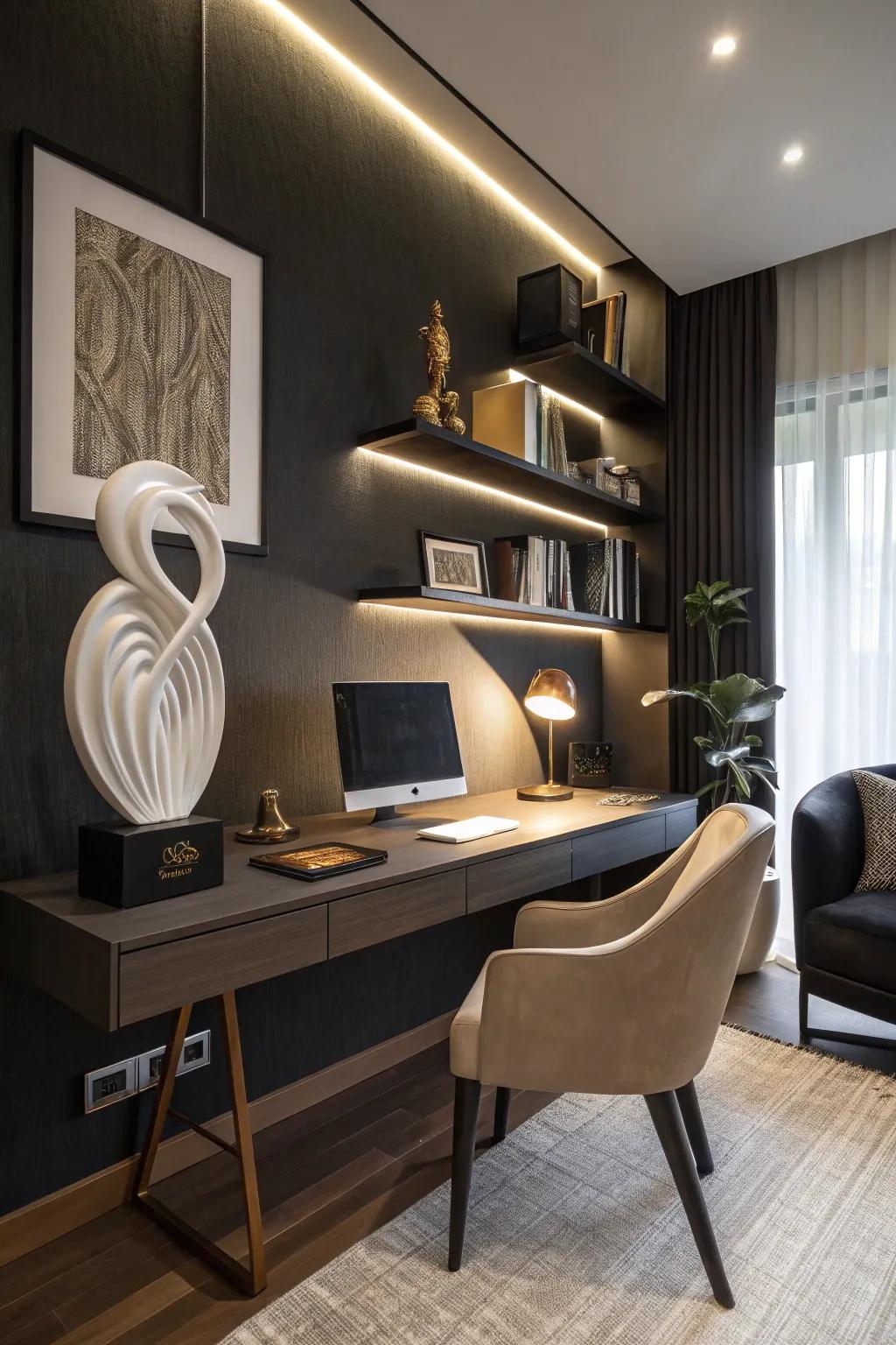 Sculptural decorations bring artistic intrigue and depth.