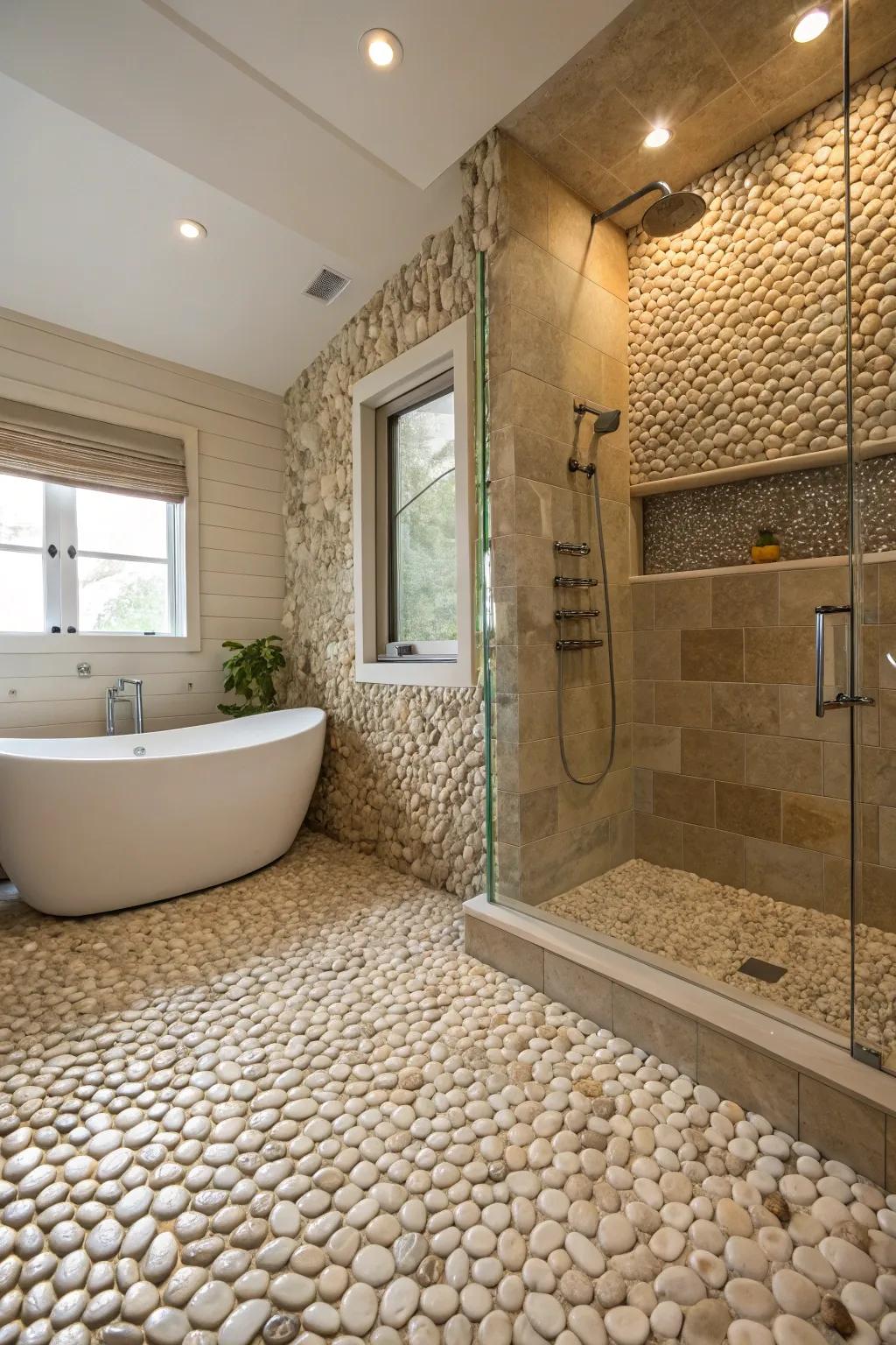 Create a serene, spa-like atmosphere using pebble mosaics.