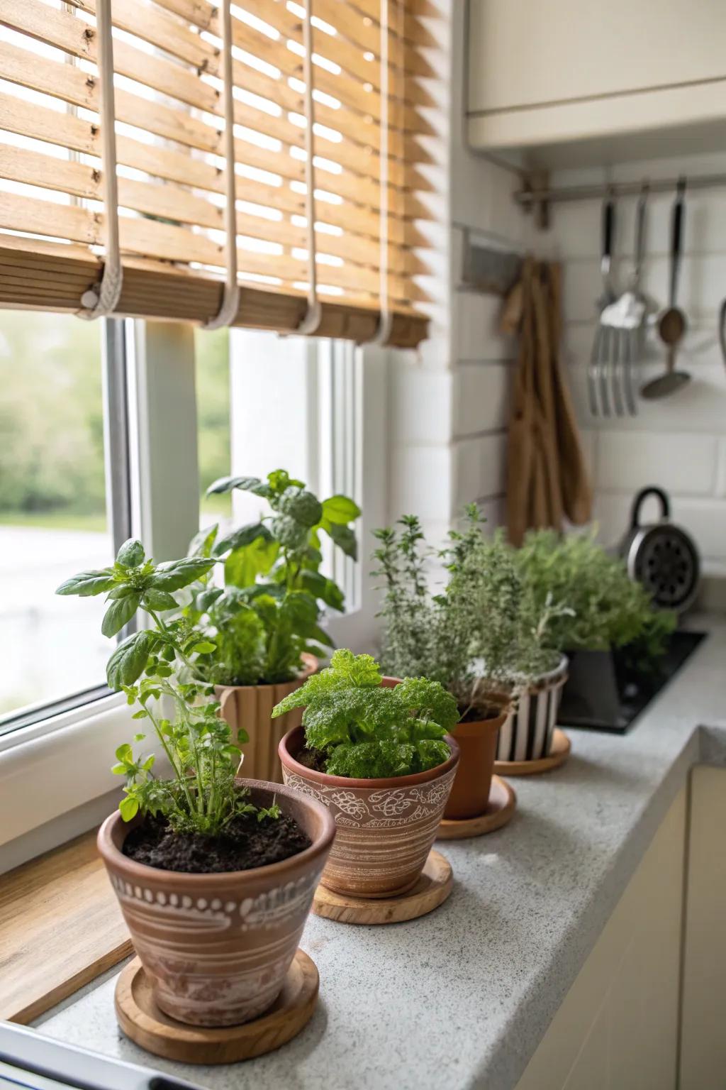 A DIY herb garden infuses verdure and fresh flavors into the kitchen space.