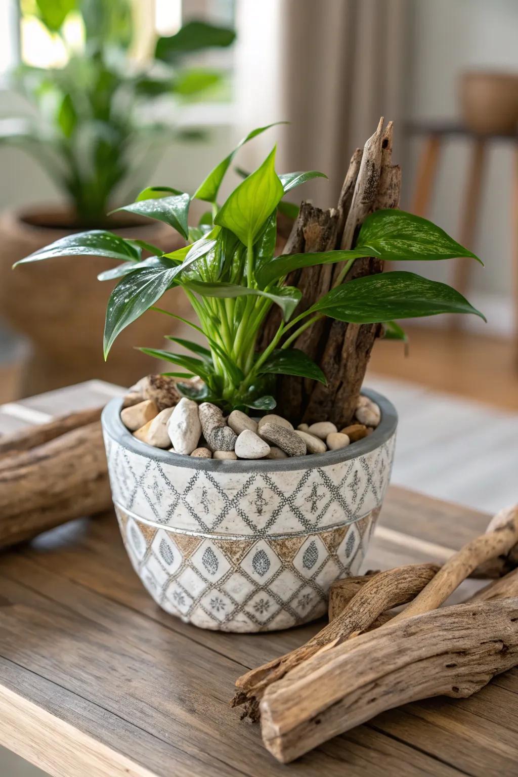 An ethereal flower pot featuring earthy components.