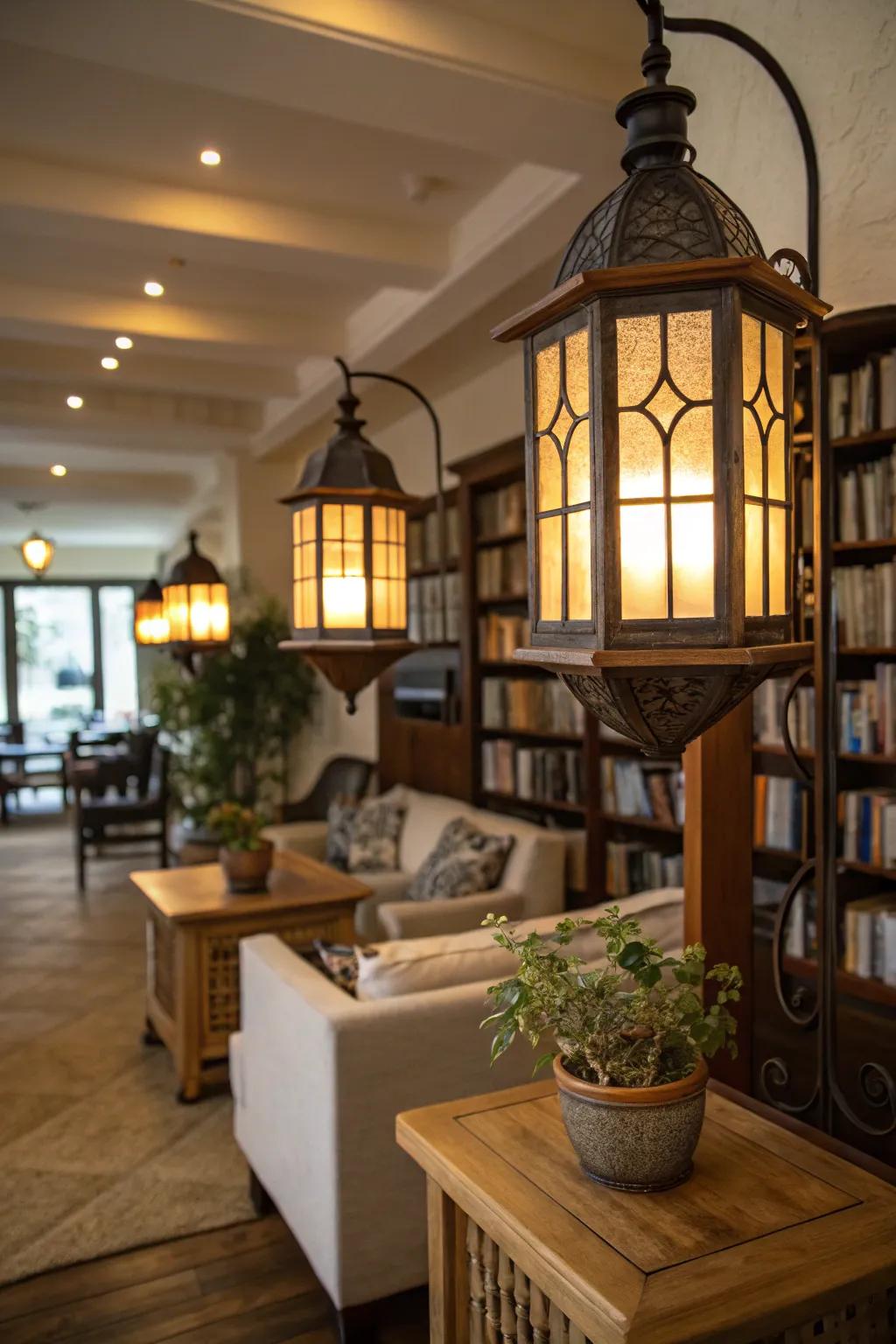 A cozy ambiance achieved with lantern-style lighting.