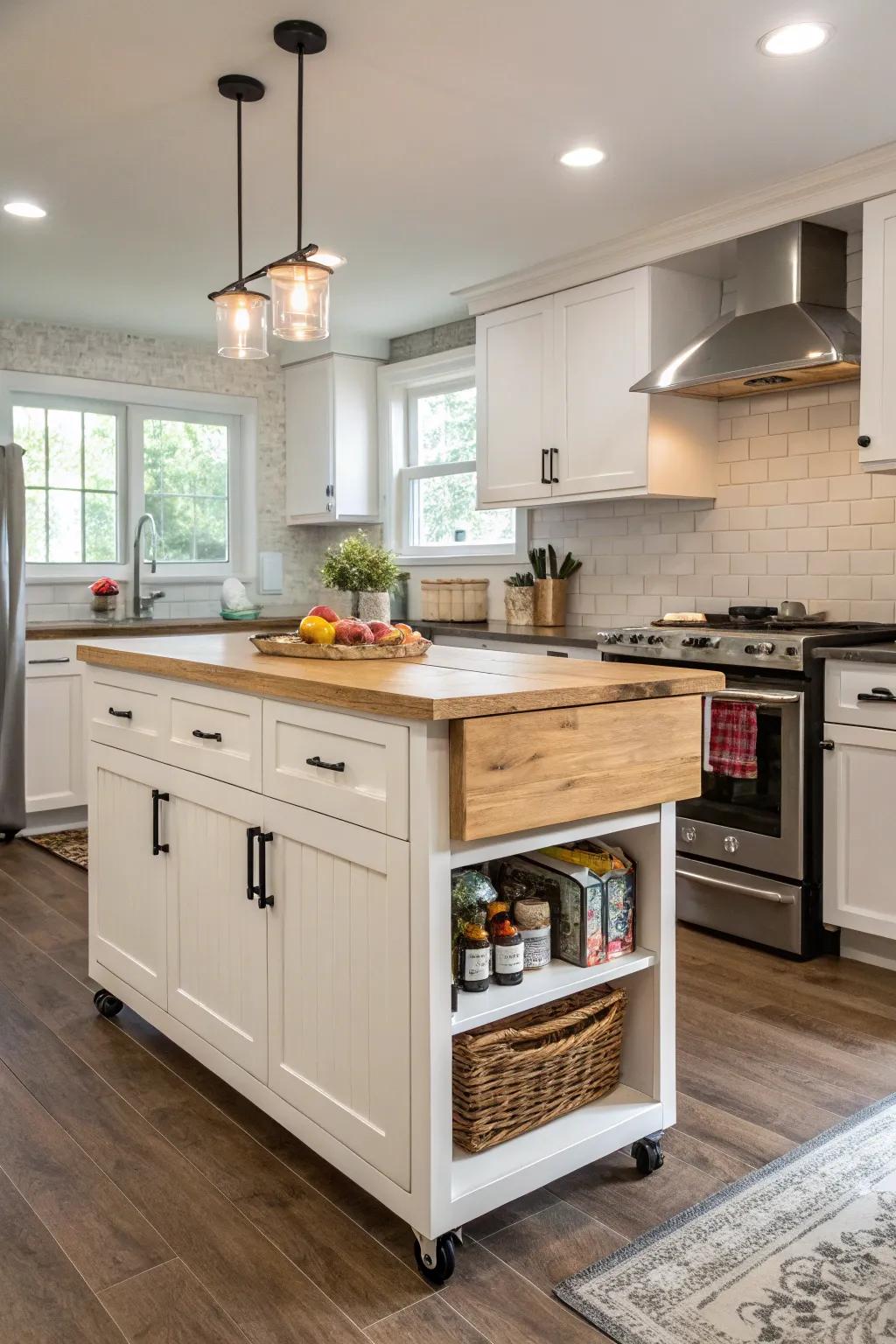 An adaptable kitchen area using a drop-leaf island