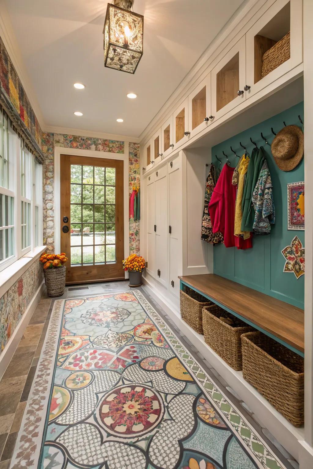 Mosaic tiles provide artistic expression and personal flair to your mudroom.