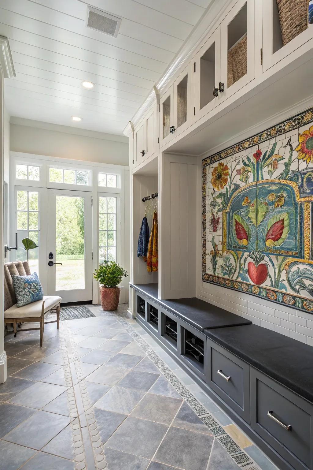 Tile murals turning a mudroom into an art gallery