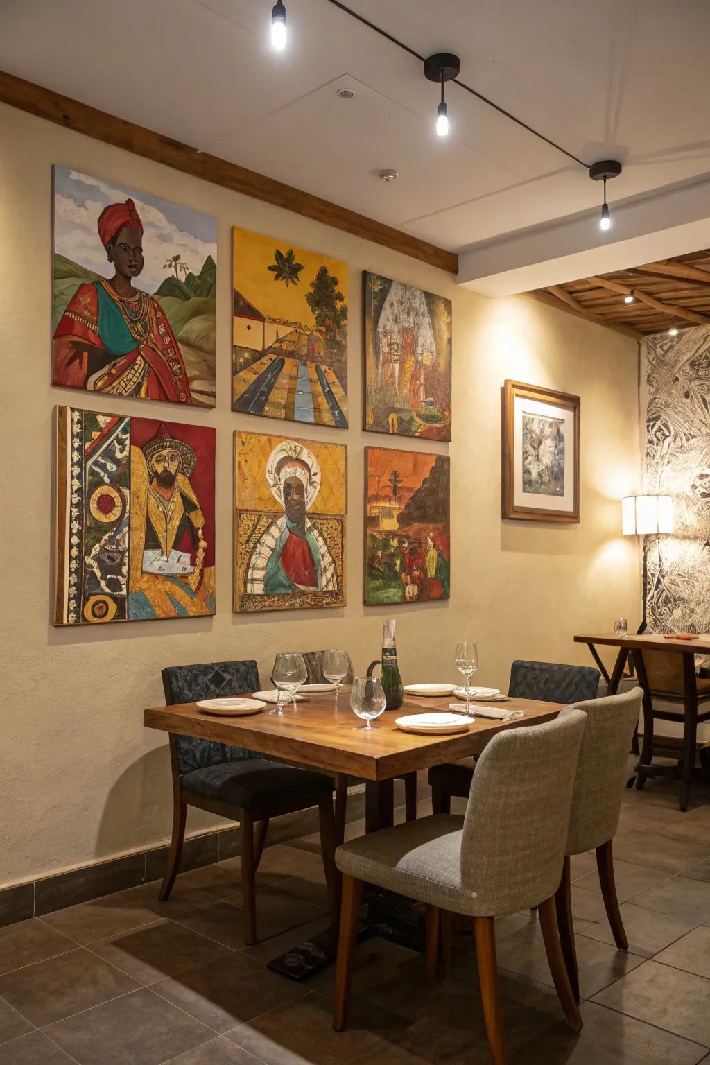 A social set of images filled with global patterns found on numerous canvases, that encourages discussion inside the dining area.