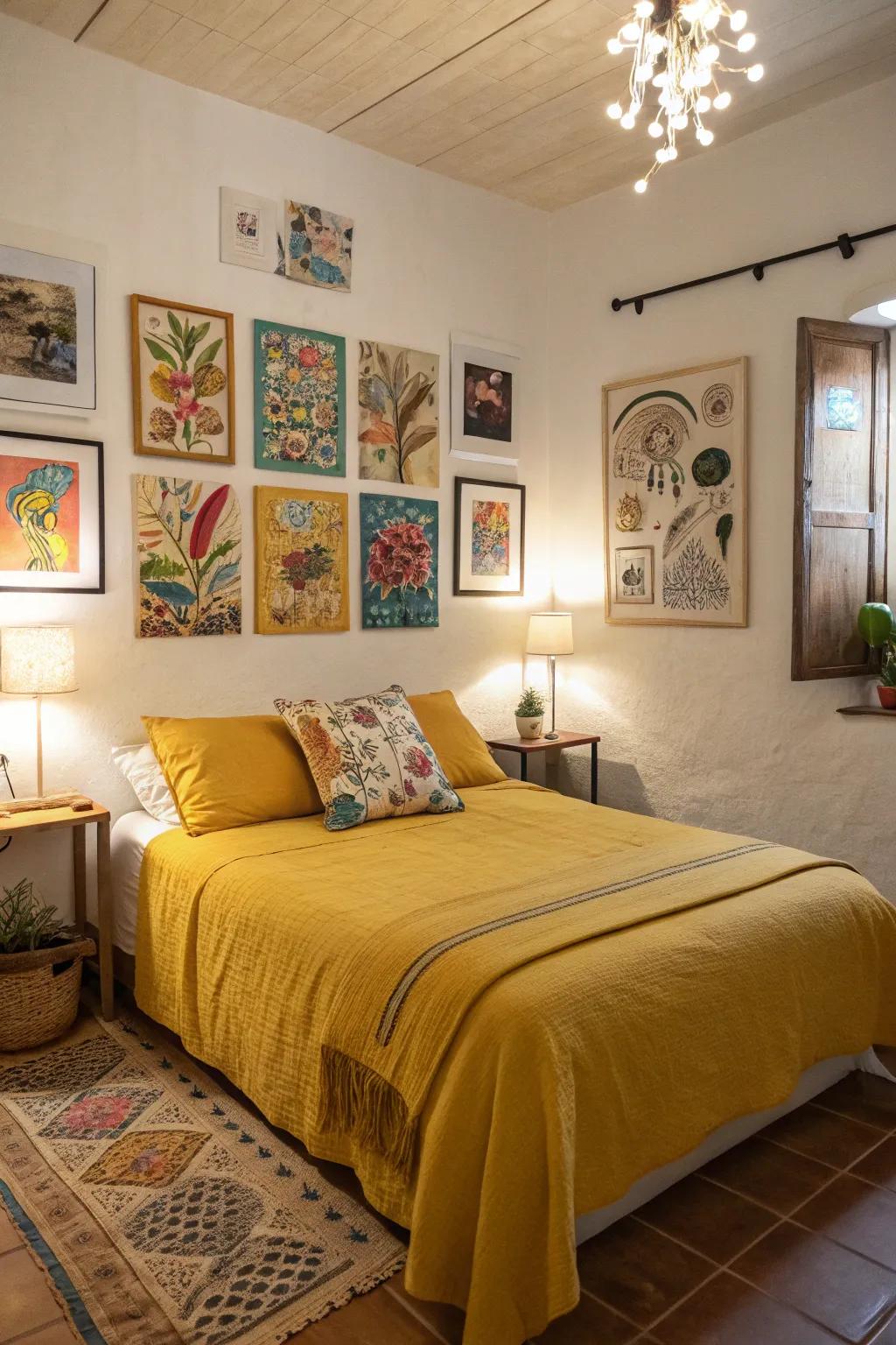 A creative bedroom where creativity and goldenrod tones come alive.