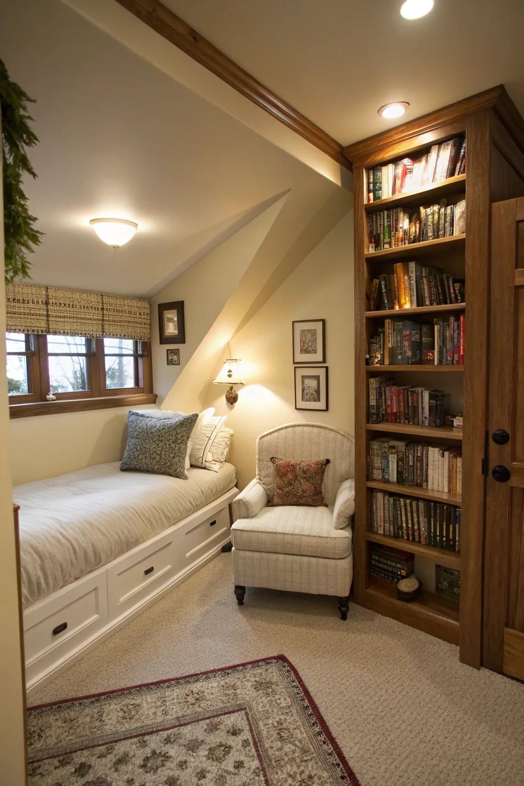 A comfortable nook adding charm and usefulness to a slender bedroom.