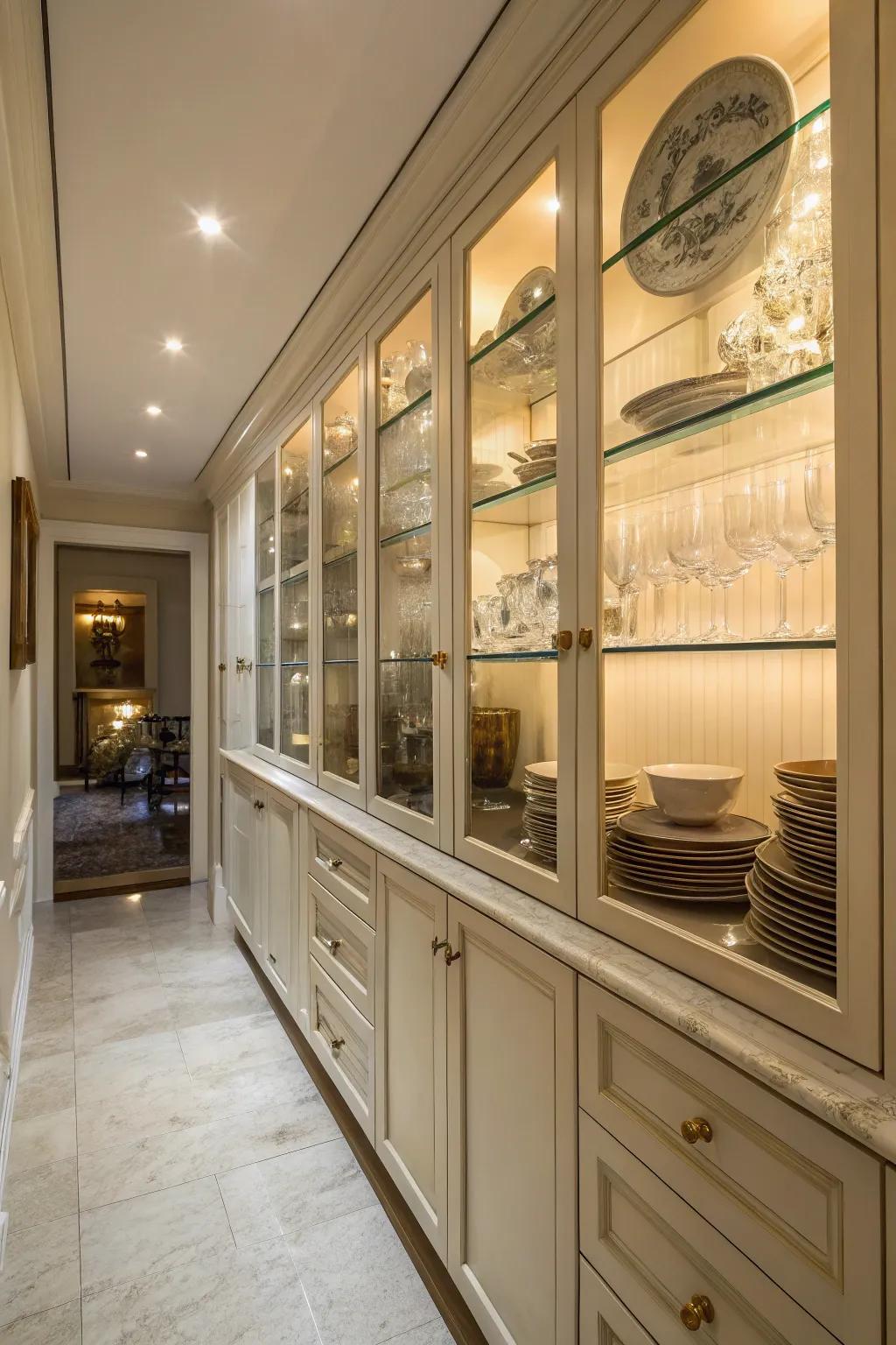 Elegant glass-panel cabinets in a slim kitchen that display dishware.