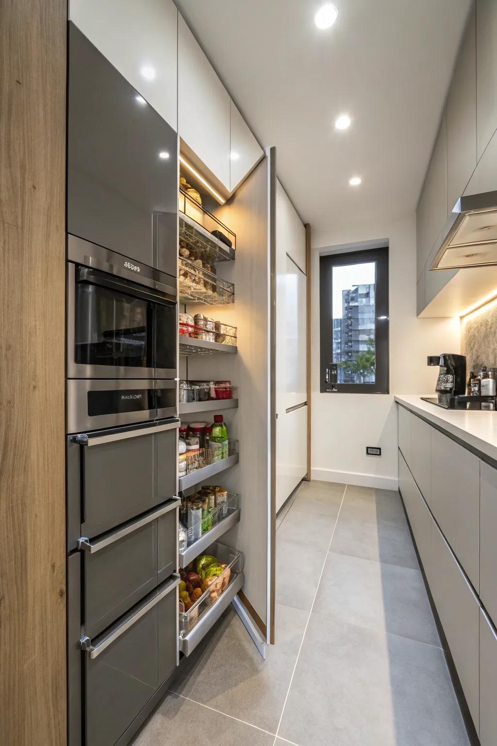 Concealed storage maintains a clean and organized kitchen.