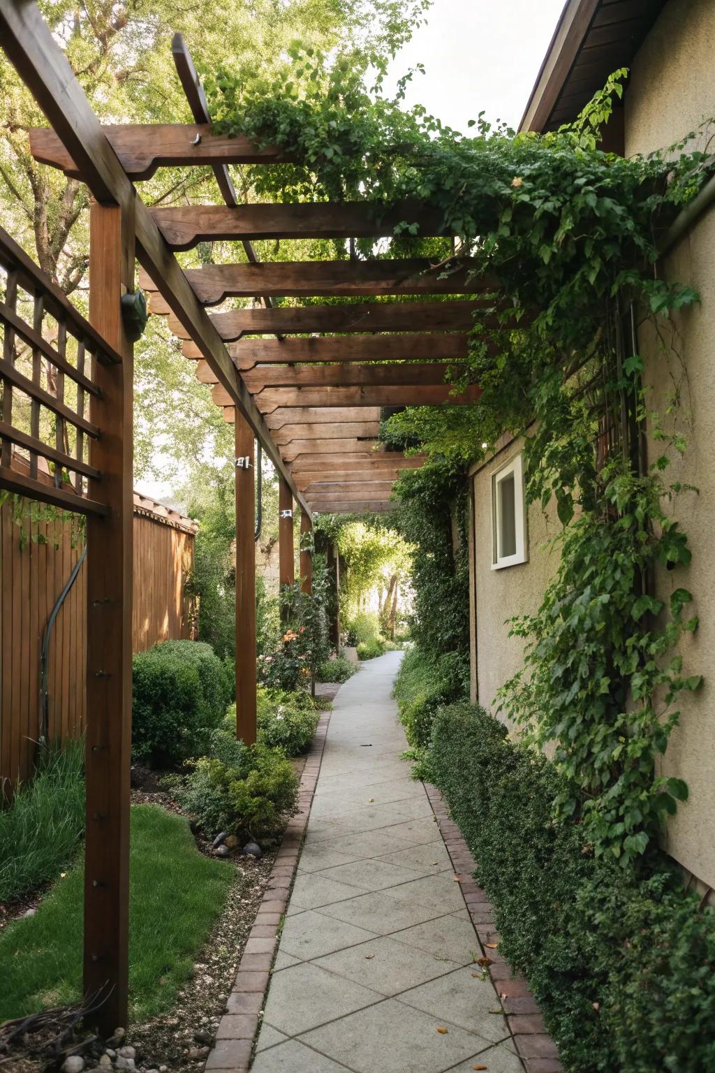 Overhead structures add dimension and shade to narrow spaces.