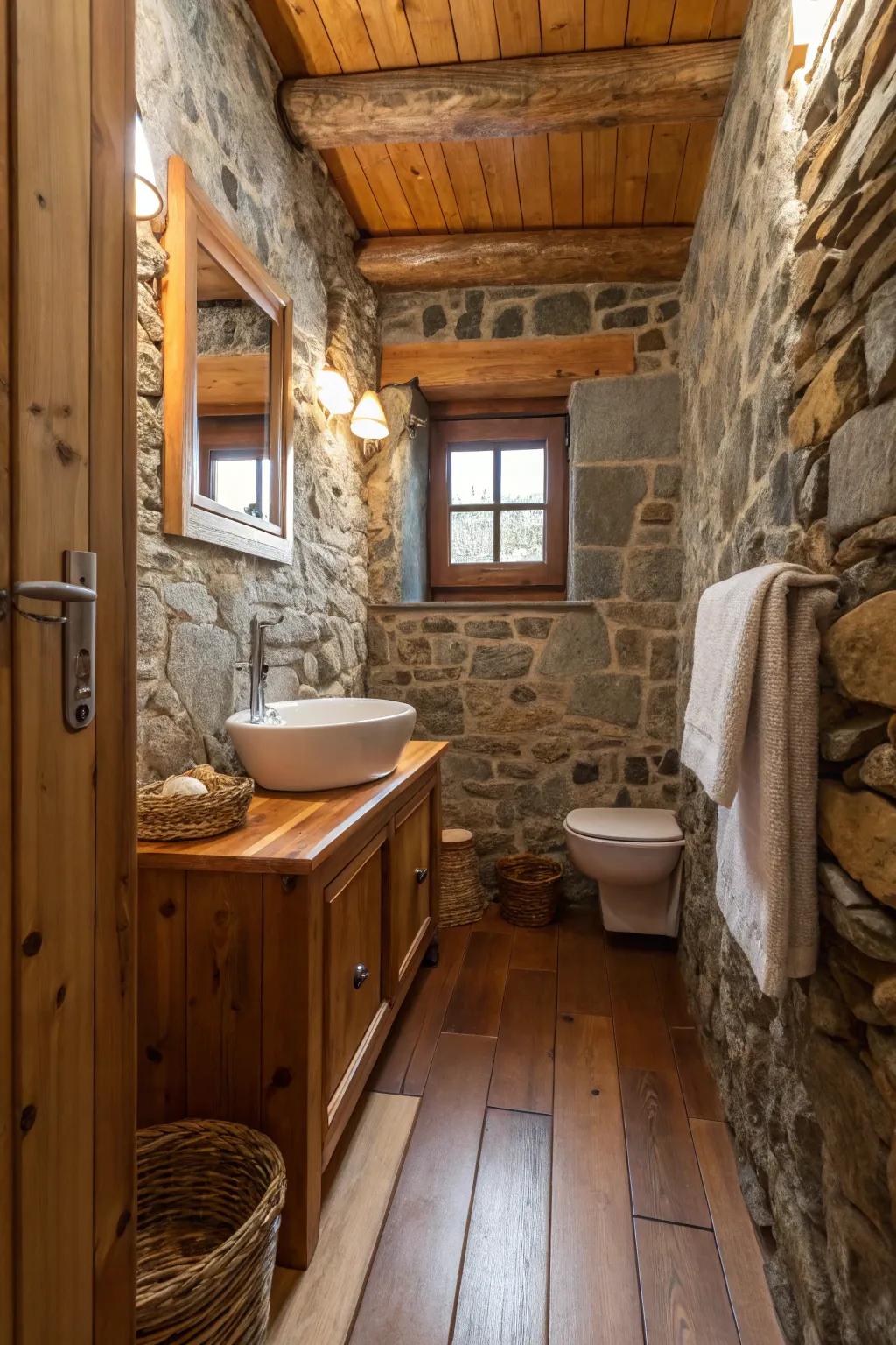 Mixing materials adds warmth to small bathrooms.