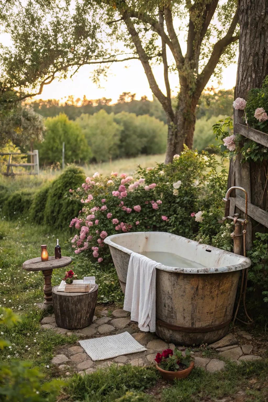 Opt for eco chic by selecting reused materials for your outdoor bath.