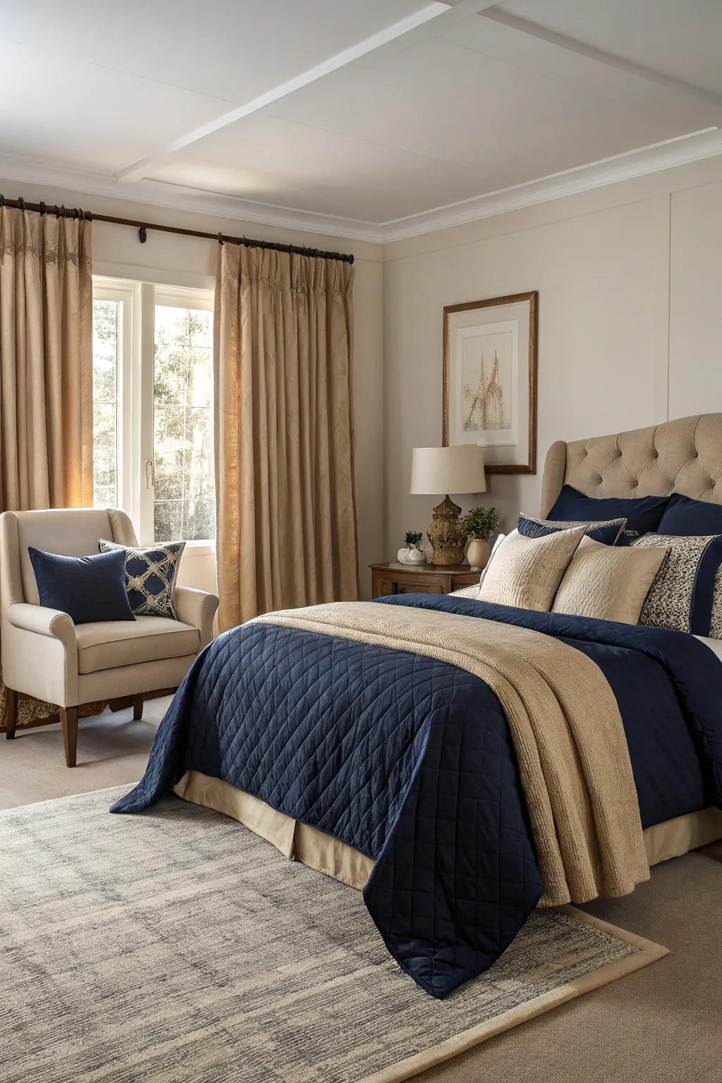 Achieve harmony with dark blue and beige bedding.