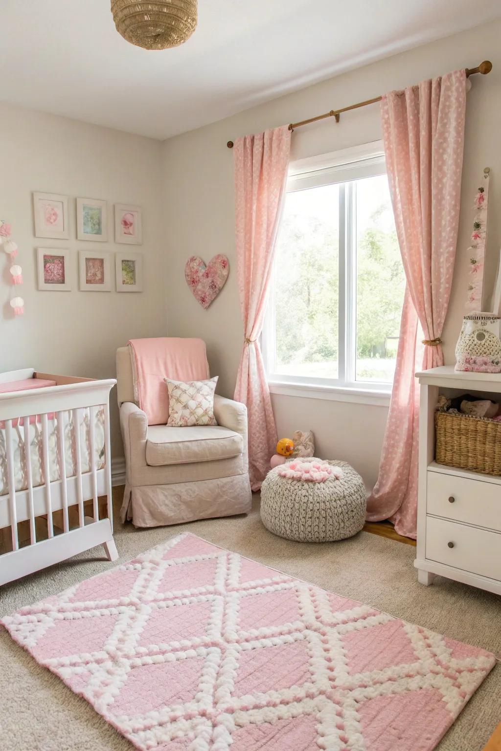 A nursery featuring soft pastel rose accents.