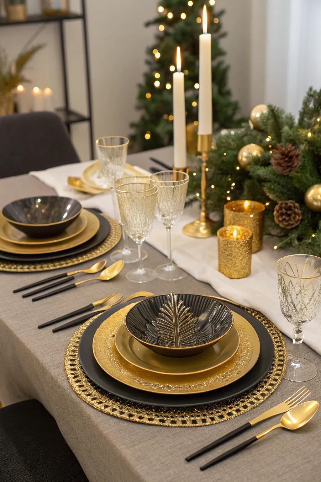 Festive table arrangements in gilded and ebony hues create an elegant dining experience.