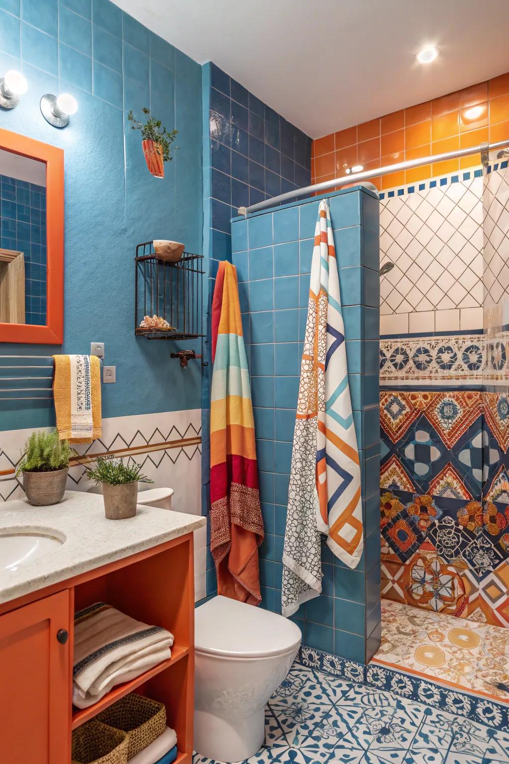 A bathroom bursting with bold hues for a vibrant look.