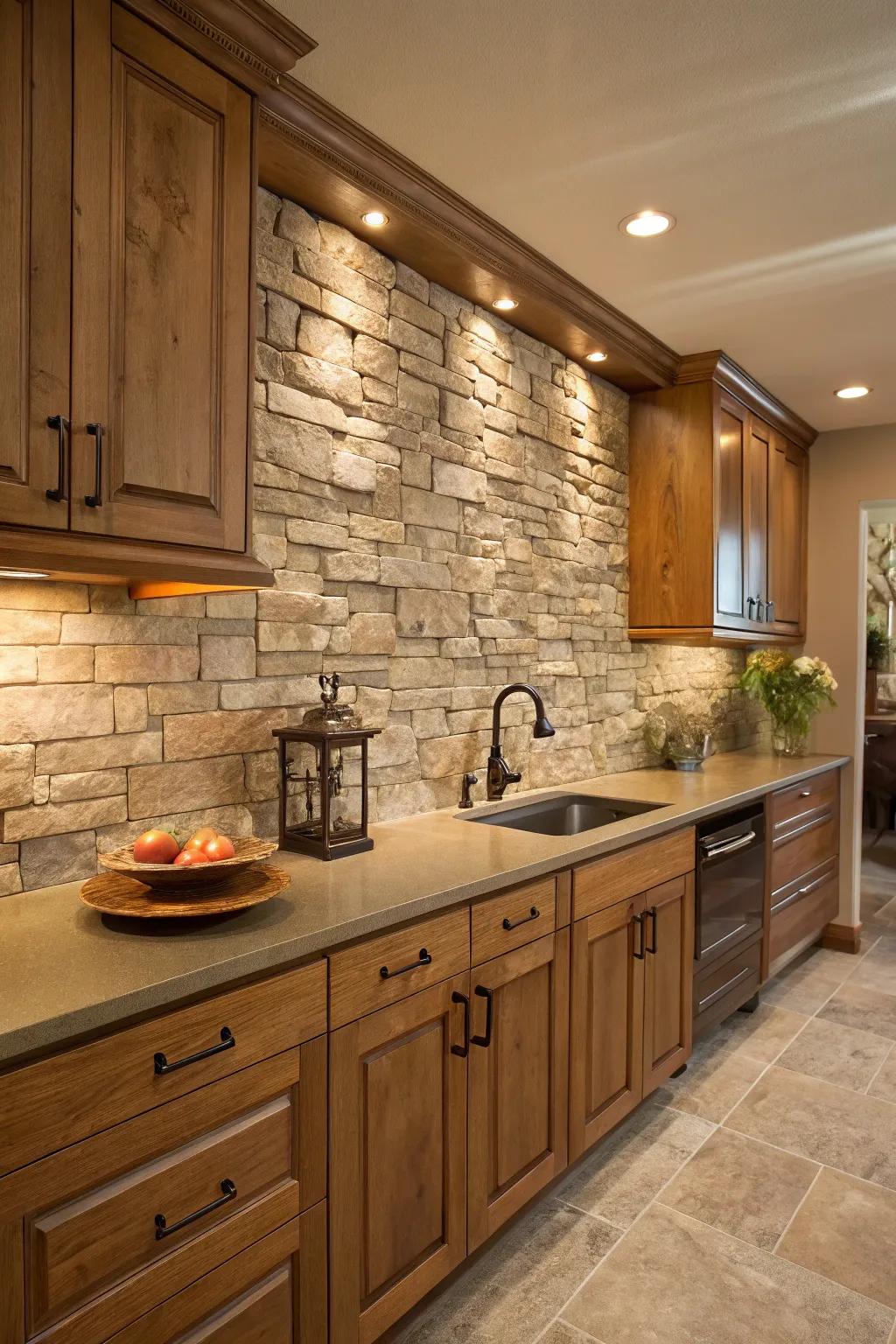 Stone overlay backsplashes provide a natural and textural kitchen element.